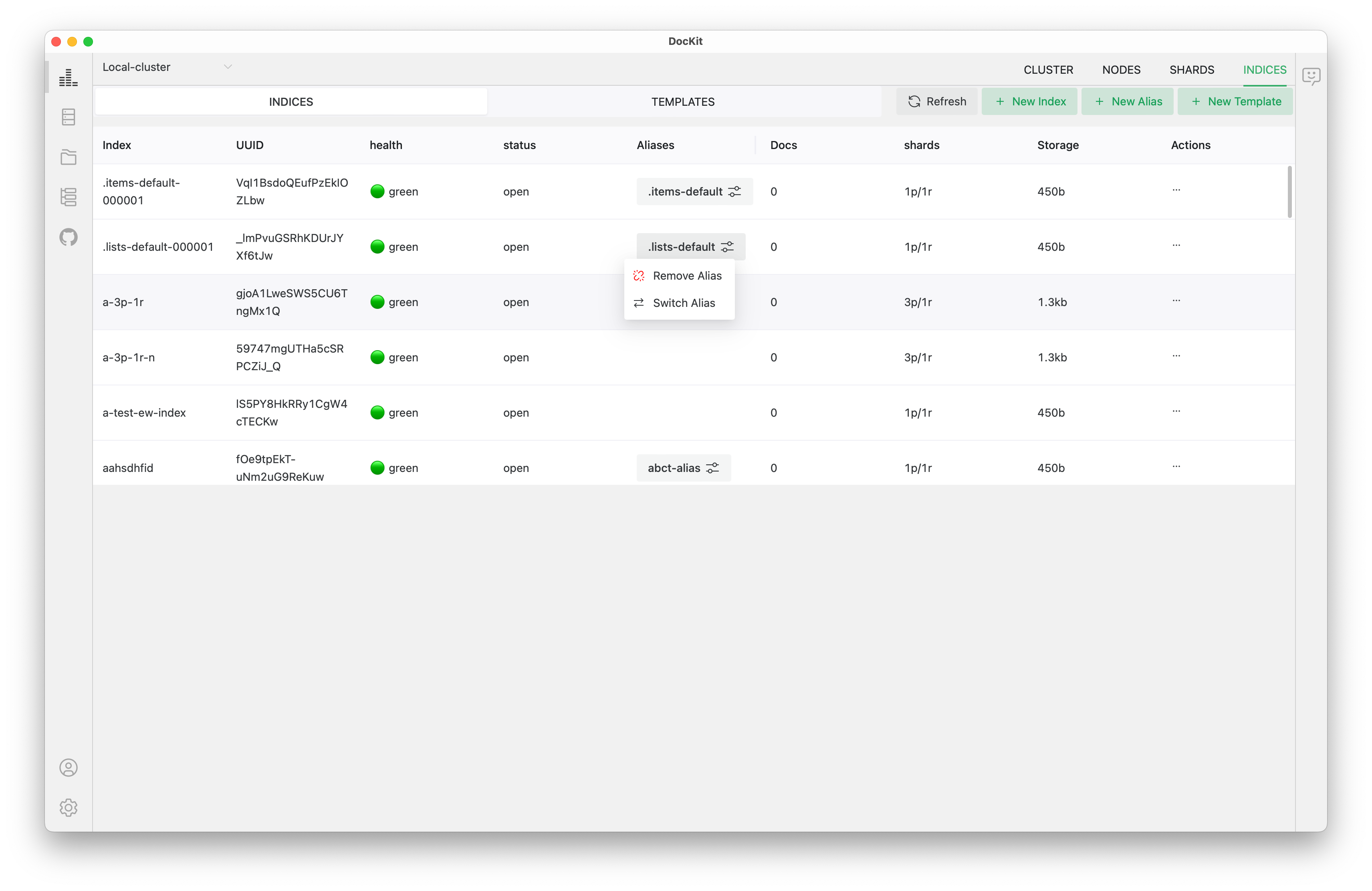 DocKit Indices manage UI